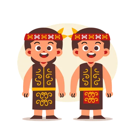 Un couple porte des vêtements traditionnels indonésiens du Kalimantan occidental  Illustration