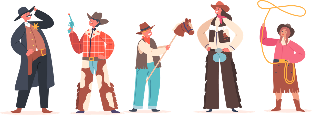 Les enfants de cowboy portent des costumes et des chapeaux traditionnels du Far West  Illustration