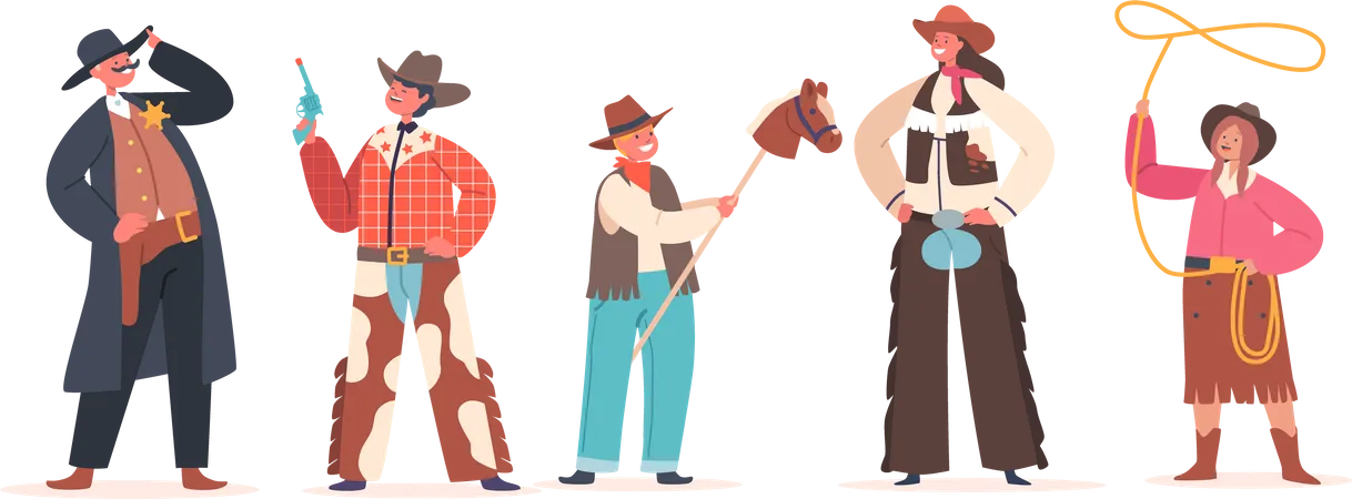 Les enfants de cowboy portent des costumes et des chapeaux traditionnels du Far West  Illustration