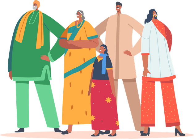 La famille indienne porte des vêtements traditionnels  Illustration