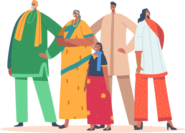 La famille indienne porte des vêtements traditionnels  Illustration