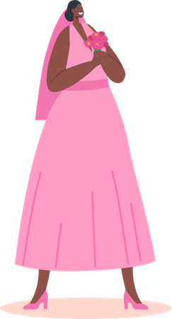La mariée africaine porte une robe rose tenant un bouquet dans les mains  Illustration