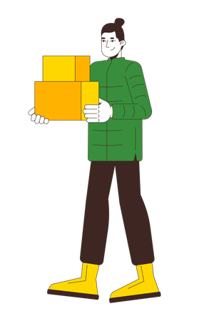 Homme en vêtements d'hiver transportant des cartons  Illustration