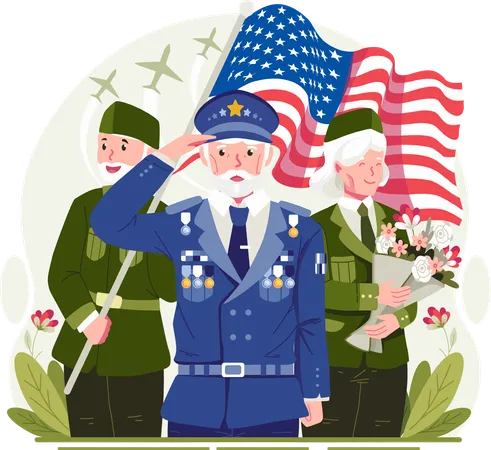 Veteranos com uma bandeira americana e segurando flores saudando e comemorando o Dia dos Veteranos  Ilustração