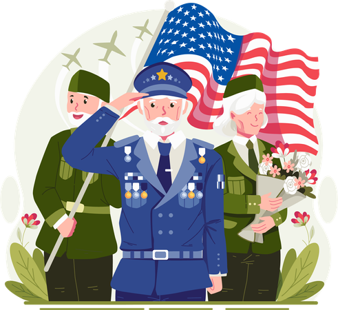Veteranos con una bandera estadounidense y sosteniendo flores saludando y celebrando el Día de los Veteranos  Ilustración