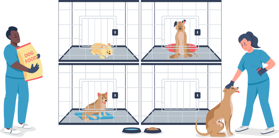 Vétérinaire avec des chiens en cage  Illustration