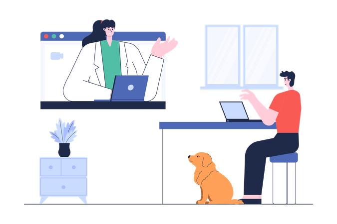 Un vétérinaire donne une consultation en ligne au propriétaire d'un chien  Illustration