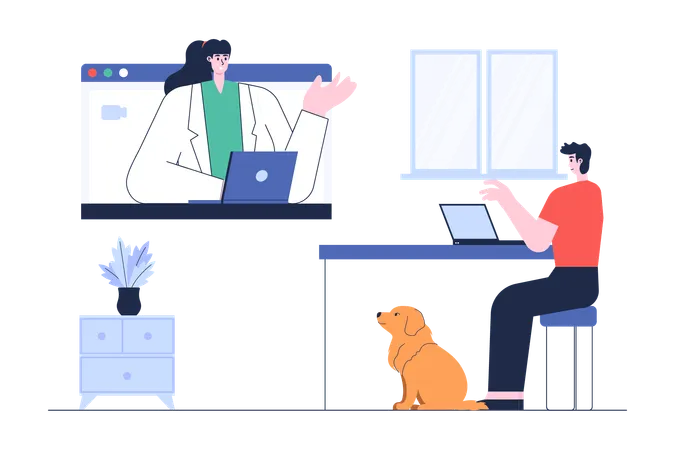 Un vétérinaire donne une consultation en ligne au propriétaire d'un chien  Illustration