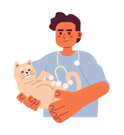 Veterinarian Male Middle Eastern 2 D Cartoon Character Arab Vet Man Holding Cat In Hands Isolated Vector Person White Background Professional Specialist With Pet Color Flat Spot Illustration Illustration
