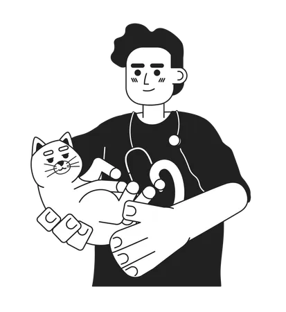 Veterinarian Male Middle Eastern Black And White 2 D Cartoon Character Arab Vet Man Holding Cat In Hands Isolated Vector Outline Person Specialist With Pet Monochromatic Flat Spot Illustration Illustration