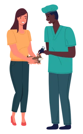 Veterinarian man meet girl with hamster in the medical office  Illustration