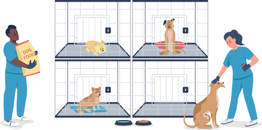 Veterinarian with dogs in cages Illustration