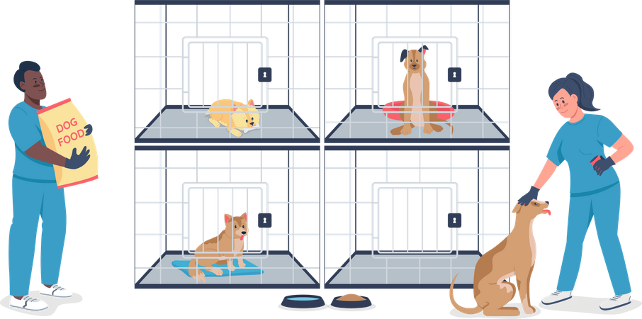 Veterinarian with dogs in cages  Illustration