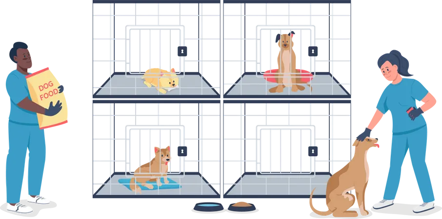 Veterinarian with dogs in cages  Illustration