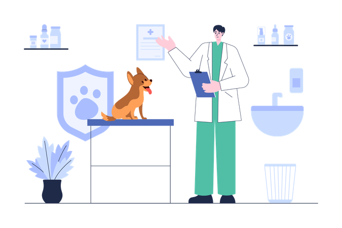 Veterinario examinando la enfermedad del perro  Ilustración