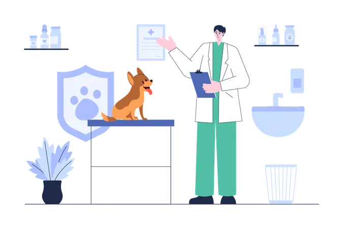 Veterinario examinando la enfermedad del perro  Ilustración