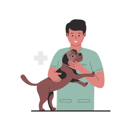 Veterinário Médico masculino com cachorro  Ilustração