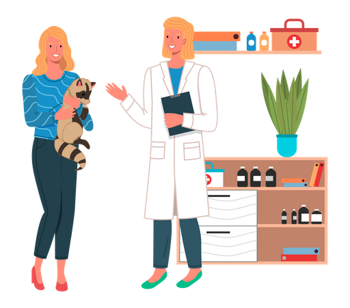 Veterinary care flat illustration. Veterinarian woman meet girl with raccoon in the medical office  Illustration