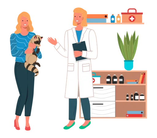 Veterinary care flat illustration. Veterinarian woman meet girl with raccoon in the medical office  Illustration