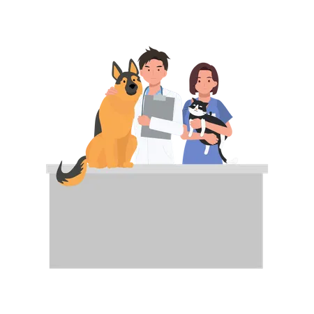 Veterinarian Team And Dog Cat In The Clinic Veterinary Clinic Healthcare Service Or Medical Center For Domestic Animals Flat Vector Cartoon Illustration Illustration