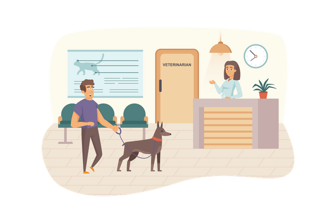 Veterinary clinic scene. Man with dog visits vet, waiting for doctor's appointment in reception. Veterinarian medicine and healthcare concept. Vector illustration of people characters in flat design  Illustration