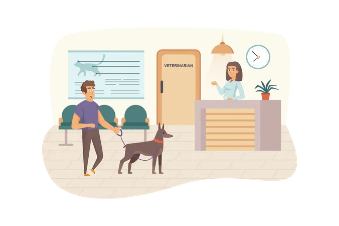 Veterinary clinic scene. Man with dog visits vet, waiting for doctor's appointment in reception. Veterinarian medicine and healthcare concept. Vector illustration of people characters in flat design  Illustration