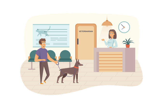 Veterinary clinic scene. Man with dog visits vet, waiting for doctor's appointment in reception. Veterinarian medicine and healthcare concept. Vector illustration of people characters in flat design Illustration