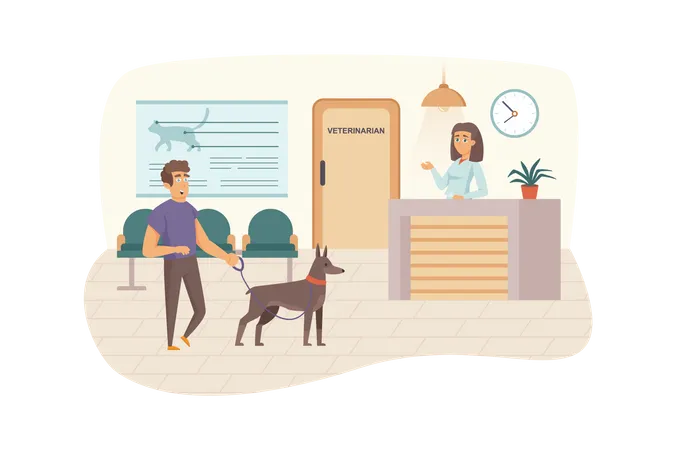 Veterinary clinic scene. Man with dog visits vet, waiting for doctor's appointment in reception. Veterinarian medicine and healthcare concept. Vector illustration of people characters in flat design Illustration