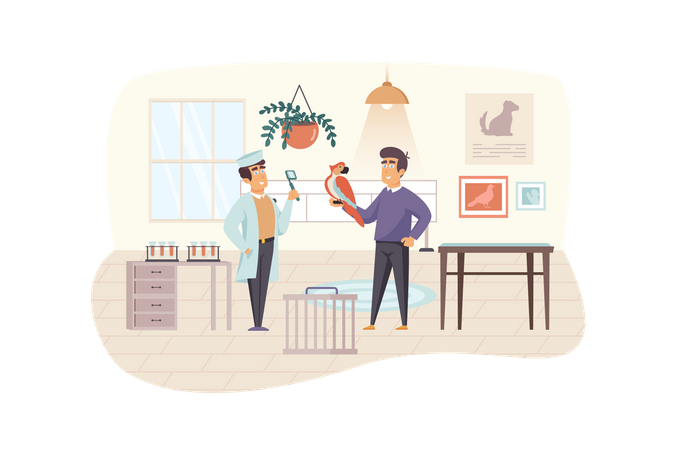 Veterinary clinic scene. Man with parrot visiting veterinarian, doctor examining bird. Medical office interior. Vet medicine, pet care concept. Vector illustration of people characters in flat design Illustration