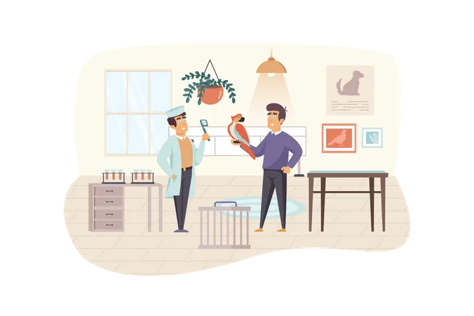 Veterinary clinic scene. Man with parrot visiting veterinarian, doctor examining bird. Medical office interior. Vet medicine, pet care concept. Vector illustration of people characters in flat design  Illustration