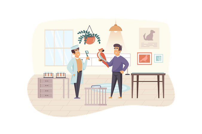 Veterinary clinic scene. Man with parrot visiting veterinarian, doctor examining bird. Medical office interior. Vet medicine, pet care concept. Vector illustration of people characters in flat design  Illustration