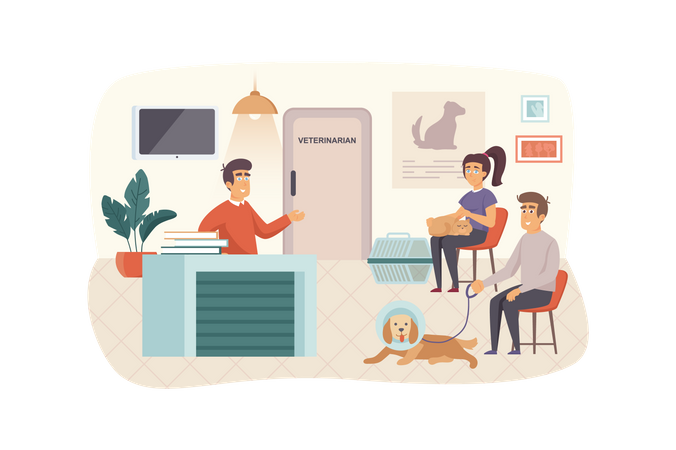 Veterinary clinic scene. Owners with pets waiting for their turn to see doctor. Woman with cat, man with dog. Veterinarian medicine concept. Vector illustration of people characters in flat design  Illustration