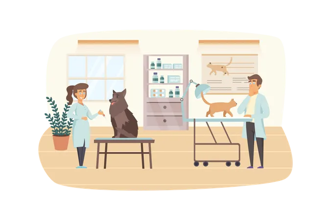 Veterinary clinic scene. Veterinarians examine cat and dog. Medical office interior. Vet medicine, pet vaccination, health care concept. Vector illustration of people characters in flat design Illustration