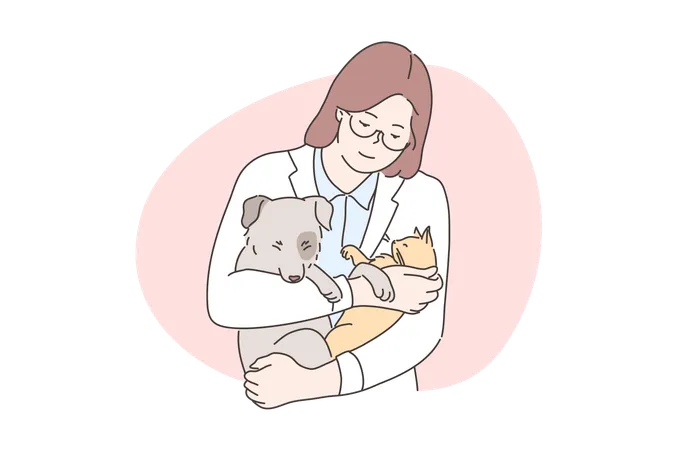 Medicine Veterinary Examination Concept Young Happy Smiling Woman Or Girl Veterinarian Doctor Cartoon Character Examining Dog And Cat Puppy And Kitten Holding In Hands Pet Check Up And Animal Care Illustration
