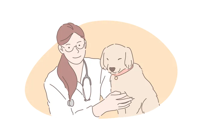 Veterinarian Hospital Vet Clinic Pets Healthcare Concept Professional Canine Doctor With Adorable Little Puppy Dogs Medical Treatment Domestic Animals Care Simple Flat Vector Illustration