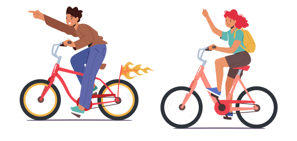 Viagem de bicicleta de menino e menina  Ilustração