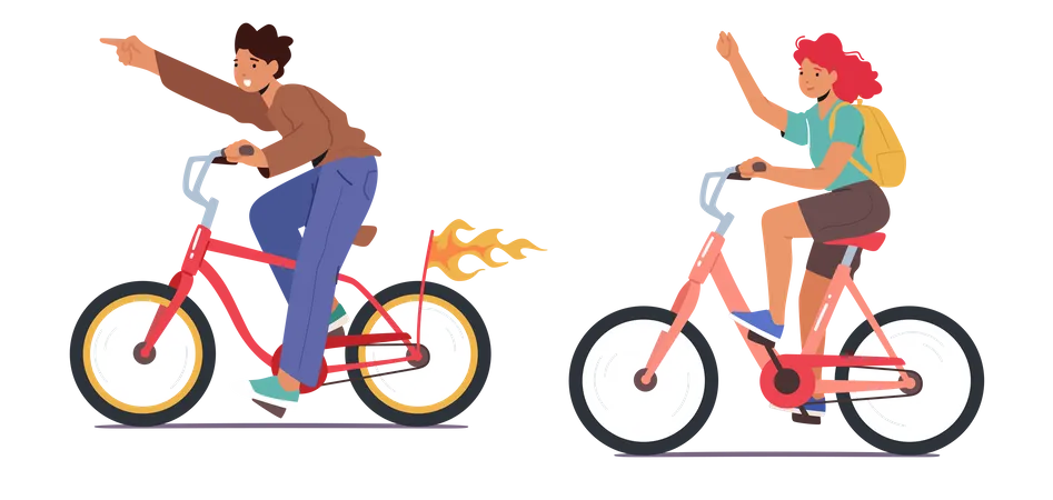 Viagem de bicicleta de menino e menina  Ilustração