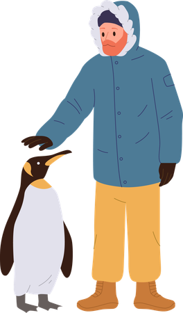 Viajante acariciando pinguim polar  Ilustração