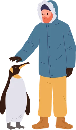 Viajante acariciando pinguim polar  Ilustração