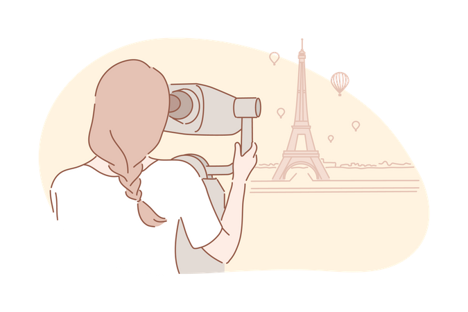 Viajante aventureira olha para a Torre Eiffel.  Ilustração