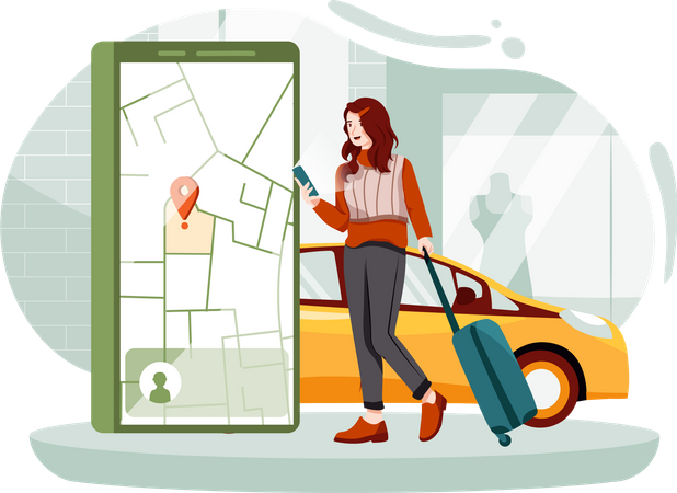 Viajante pedindo táxi pelo aplicativo móvel  Ilustração