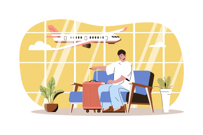 Viajante sentado na sala de espera do terminal do aeroporto  Ilustração