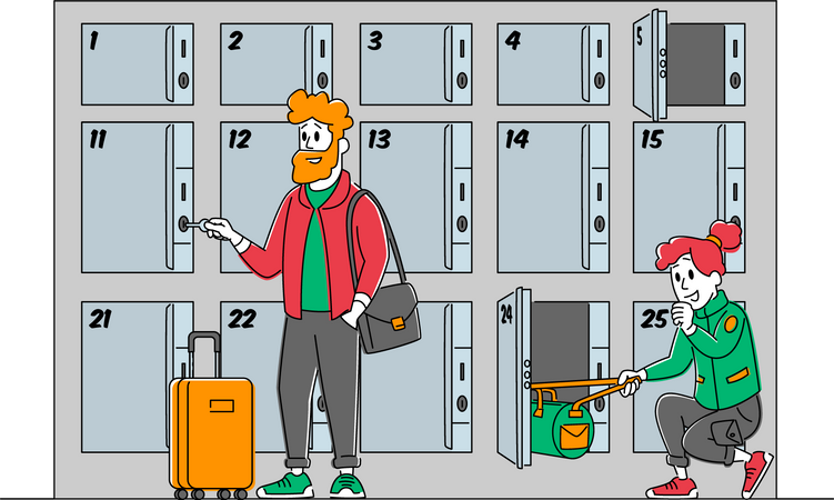Viajantes com malas usam serviço de armazenamento de bagagem Colocam as malas em armários numerados com chaves no aeroporto ou supermercado  Ilustração