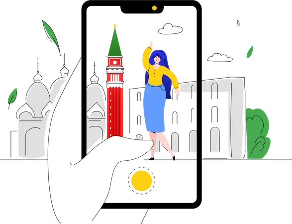 Viaje A Italia Ilustracion Colorida De Diseno Plano Sobre Fondo Blanco Una Composicion Con Una Mujer Fotografiada En El Emblematico Campanario De San Marcos De Venecia Concepto De Vacaciones Y Turismo Ilustración