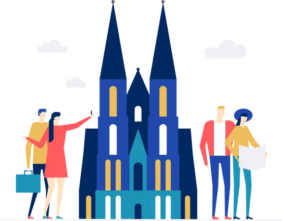 Viajar Para A Alemanha Ilustracao Colorida De Estilo De Design Plano Em Fundo Branco Uma Composicao Com Turistas Casais Na Catedral De Colonia Com Mapas Fazendo Selfie Turismo Conceito De Ferias Ilustração