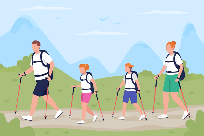 Familia en viaje de trekking  Ilustración