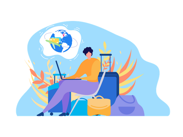Viaje internacional con mujer de equipaje usando computadora portátil, buscando horarios de vuelos en Internet  Ilustración