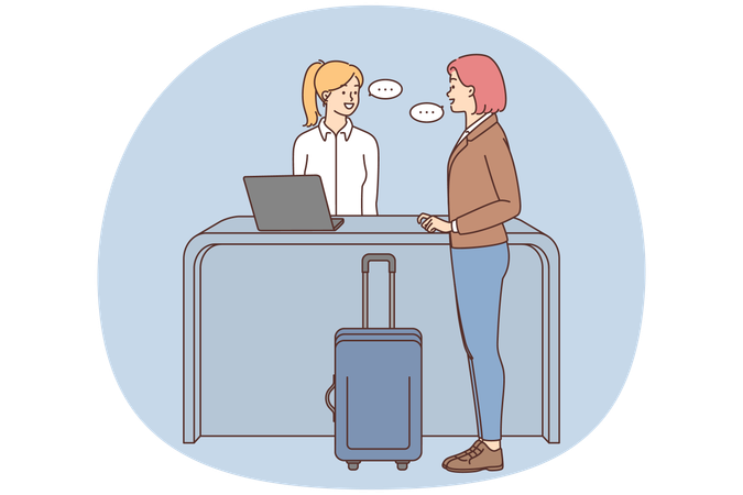 Una viajera con equipaje habla con el administrador en la recepción.  Ilustración