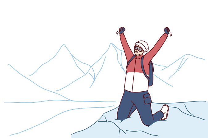 El viajero llega a la cima de la montaña  Ilustración