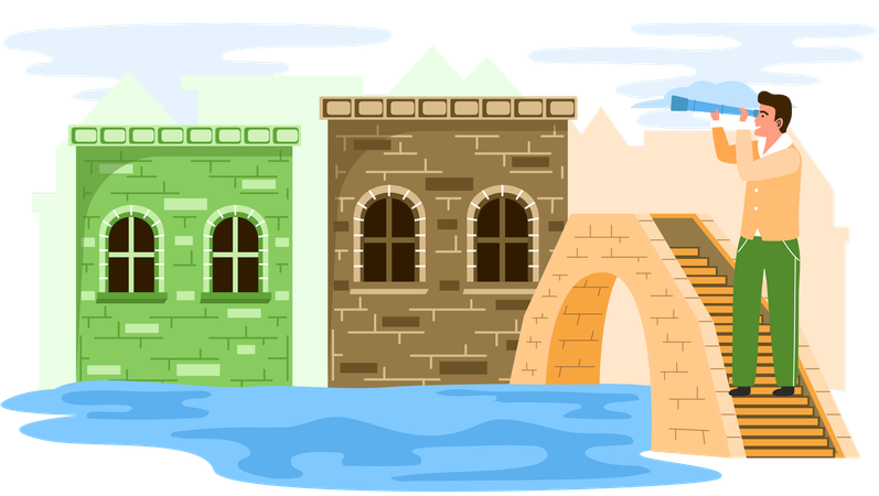 El viajero masculino se encuentra en un pequeño puente de piedra sobre el río en el casco antiguo con un edificio antiguo de ladrillo bajo  Ilustración